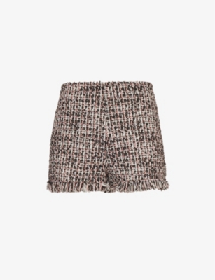 SELF PORTRAIT: Fringed boucle mid-rise woven-blend shorts