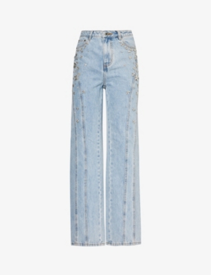 SELF-PORTRAIT: Rhinestone-embellished faded-wash straight-leg jeans