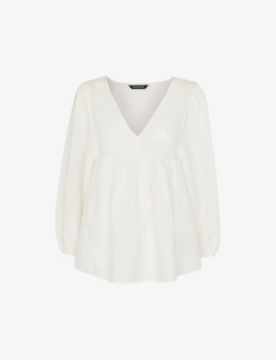 WHISTLES: Gloria V-neck balloon-sleeve cotton and linen-blend blouse