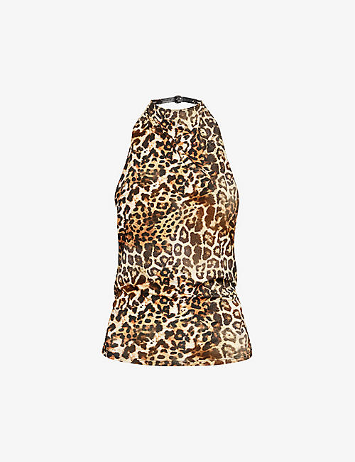JADED LONDON: Leopard-print halterneck woven-blend top