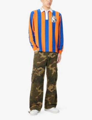 Heavy Striped Embroidered-Collar Cotton Rugby Polo Shirt