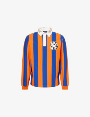 Heavy Striped Embroidered-Collar Cotton Rugby Polo Shirt