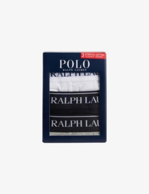 Polo Ralph Lauren Logo Waistband Classic-fit Stretch-cotton Trunks Pack Of Three In Black/white/grey