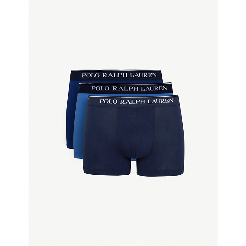 Ralph Lauren Logo Waistband Classic-fit Stretch-cotton Trunks Pack Of Three In Blue/navy