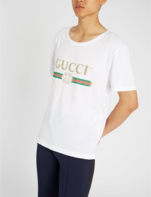 Gucci Distressed Printed Cotton-Jersey T-Shirt, White | ModeSens