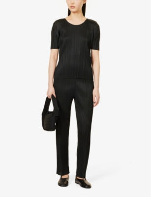 Shop Issey Miyake Pleats Please  Women's Black Pleated Slim-fit Knitted Jersey Trousers