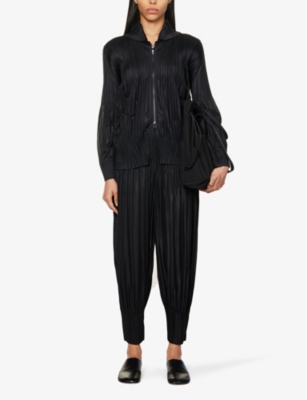 Shop Issey Miyake Pleats Please  Women's Black Pleated Cropped High-rise Knitted Jersey Trousers