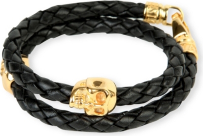 NIALAYA   Braided leather and gold plated skull bracelet