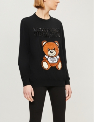 MOSCHINO TEDDY-EMBROIDERED SEQUIN-EMBELLISHED WOOL JUMPER