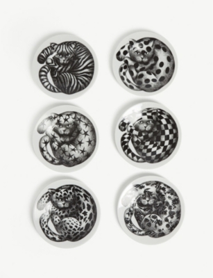 Fornasetti Leopardato Skin Porcelain Tea Cups And Saucers Set Of Six