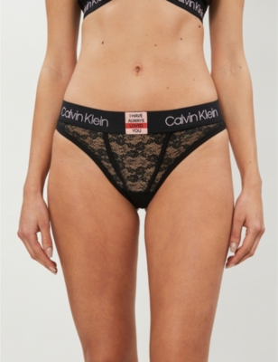 Calvin Klein Logo-print Mesh Lace Thong In 001 Black