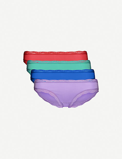 STRIPE & STARE: Pack of four lace-trimmed stretch-jersey briefs