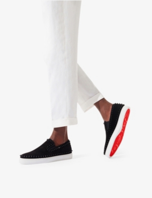 Shop Christian Louboutin Men's Black/black Pik Boat Flat Veau Velour Boat Shoes