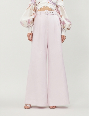 ZIMMERMANN ORCHID YELLOW CORSAGE BELTED HIGH-RISE WIDE LINEN TROUSERS