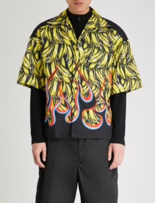 Shop Prada Banana Flame-print Regular-fit Cotton Shirt In Lemon Black