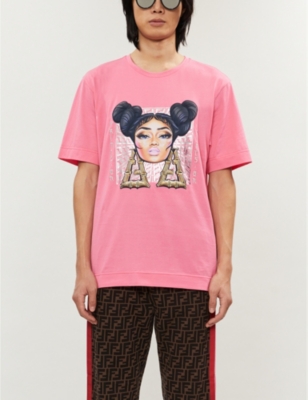 Fendi X Nicki Minaj Printed Cotton jersey T shirt In Pink Black ModeSens