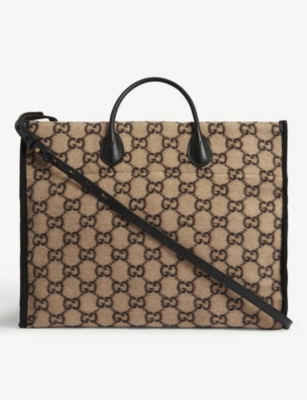 GUCCI GG logo leather trimmed wool tote Selfridges