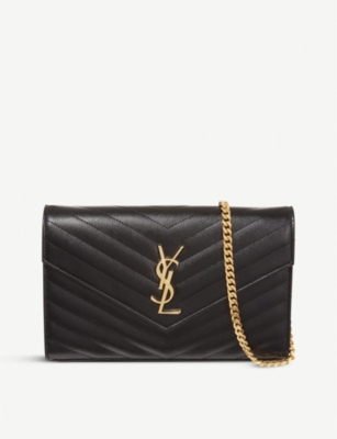 Saint Laurent Monogram Chevron-Quilted Chain Wallet - Neutrals