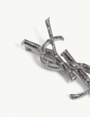 Shop Saint Laurent Women's Silver Monogram Brass Brooch