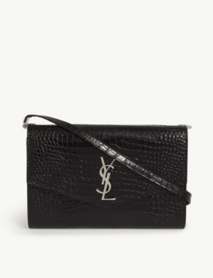 Uptown Croc Effect Leather Wallet On Chain in Black - Saint Laurent