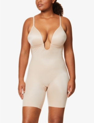 Suit Your Fancy Plunge Stretch-jersey Body In Champagne Beige