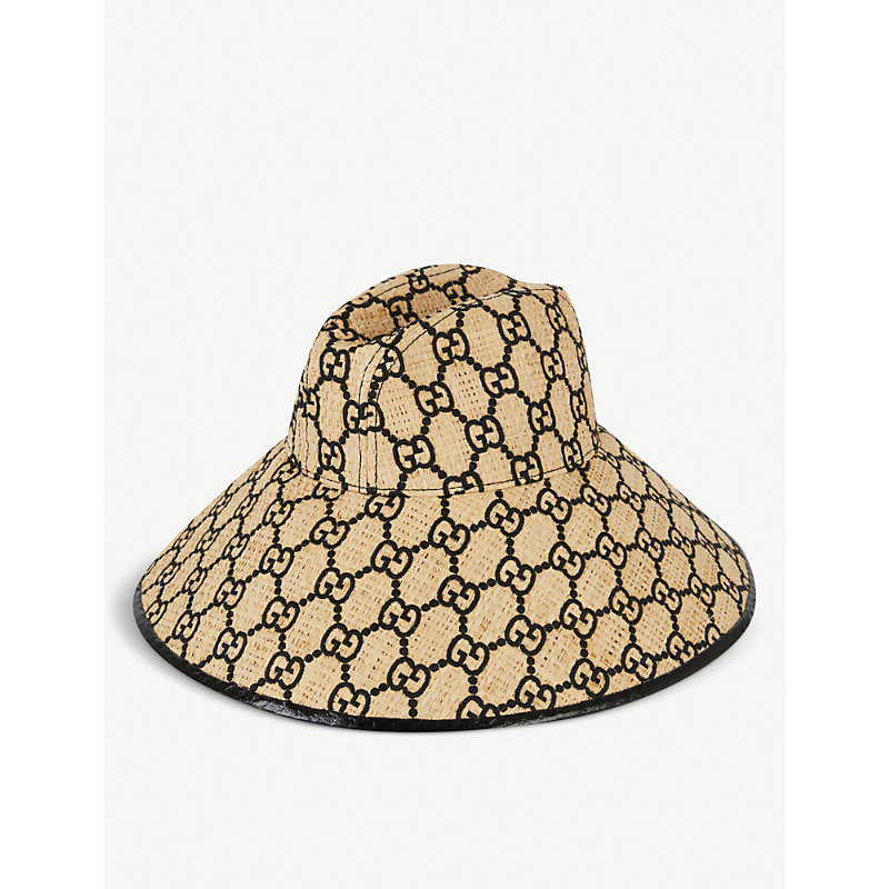 Gucci Logo-embroidered Raffia Wide-brimmed Hat In Ivory Black