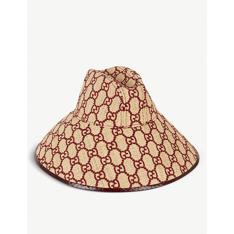 Gucci Logo-embroidered Straw Wide-brim Hat In Straw & Red