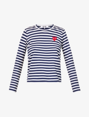 Comme Des Garçons Play Heart-embroidered Striped Cotton-jersey Top In Navy/white