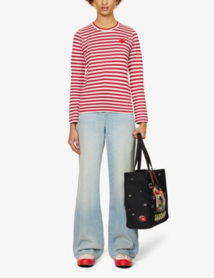 Shop Comme Des Garçons Play Heart-embroidered Striped Cotton-jersey Top In Red/white
