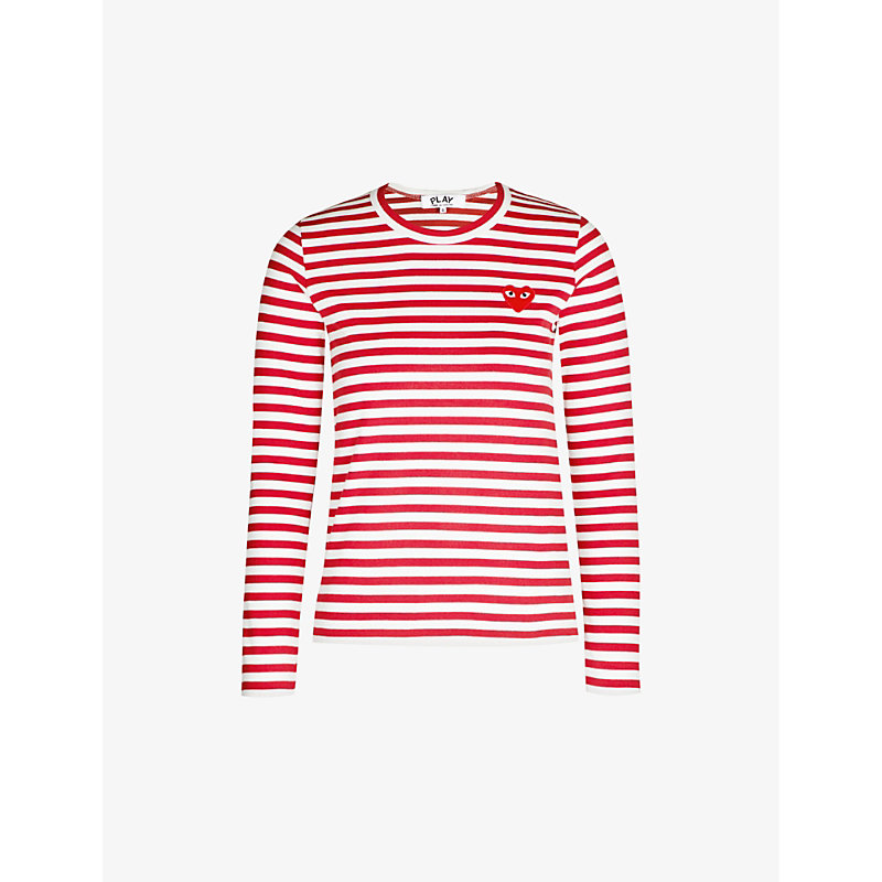 Comme Des Garcons Play Red And White Striped Heart Patch Long Sleeve T-shirt