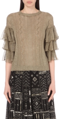 Valentino Knit Pullover With Ruffled Sleeves In Gold | ModeSens