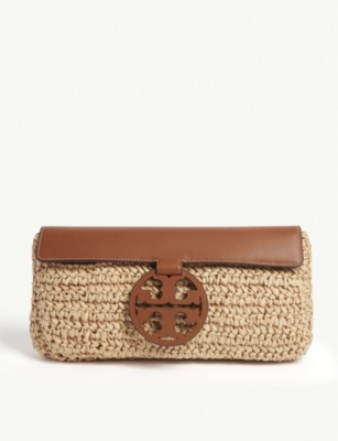 Tory Burch Miller Leather And Straw Clutch In Natural | ModeSens