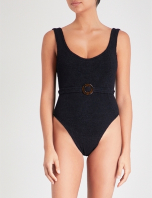 HUNZA G Solitaire belted seersucker swimsuit