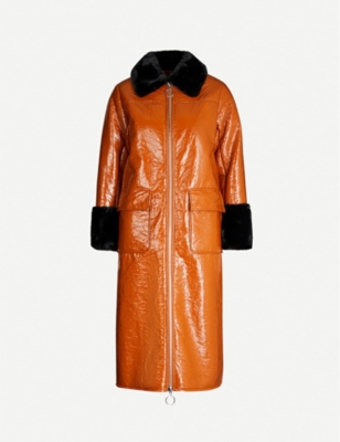 Kristen faux-fur-trimmed patent faux-leather coat - Tan