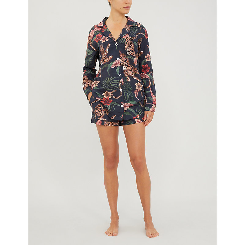 Shop Desmond And Dempsey Women's Navy Animal-print Cotton Pyjama Set