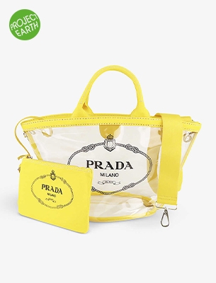 Prada Tote Bag Clear Print Leather Red Yellow Women