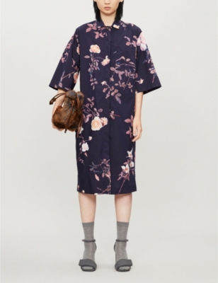 Dries Van Noten Floral Print Cotton Shift Midi Dress In Navy Modesens