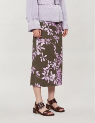 khaki denim midi skirt