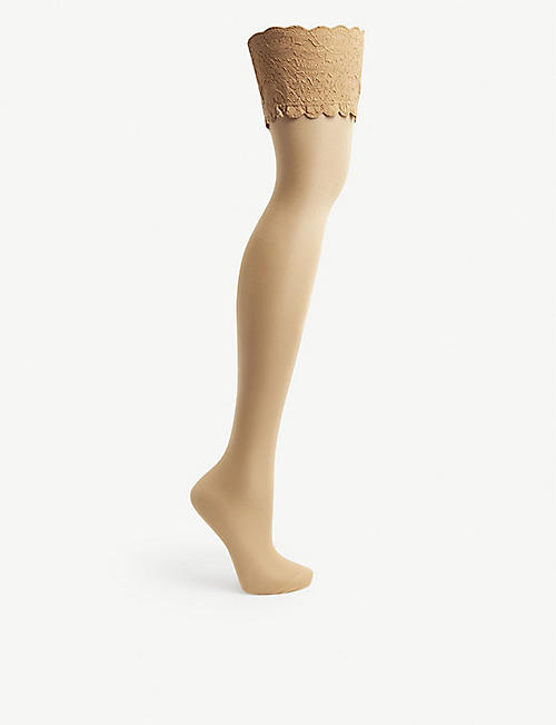 Natural Womens Clothing Hosiery FALKE Synthetic Deluxe Matte 20 Denier Transparent Stay Up Stockings in Powder Tan/Champagne Gold 