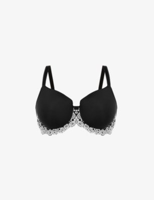 Wacoal Black Floral Embrace Lace Jersey And Stretch-Lace Contour Bra, Size: 34B