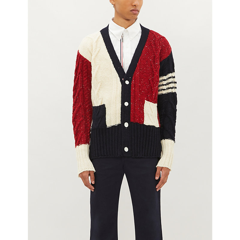 THOM BROWNE COLOUR-BLOCKED WOOL AND MOHAIR-BLEND CARDIGAN