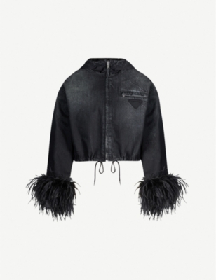 Shop Prada Feather-trimmed Cropped Denim Jacket In Black Black