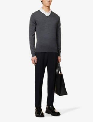 John Smedley Blenheim V-neck Merino Wool Jumper In Charcoal (grey)