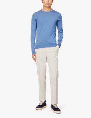 JOHN SMEDLEY MENS RIVIERA BLUE LUNDY CREWNECK WOOL JUMPER 