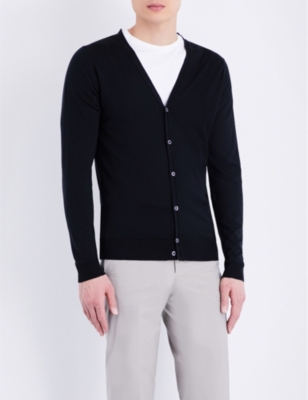 Shop John Smedley Mens Black Petworth V-neck Merino Wool Cardigan