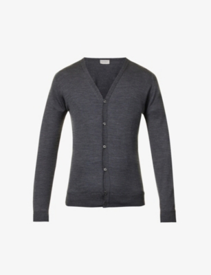 Shop John Smedley Mens  Petworth V-neck Merino Wool Cardigan In Charcoal