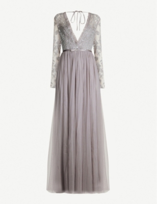 needle & thread embroidered bodice tulle maxi dress in graphite