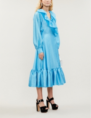 STINE GOYA WINTER SKY BLUE STEFFI RUFFLED-TRIM METALLIC MIDI DRESS