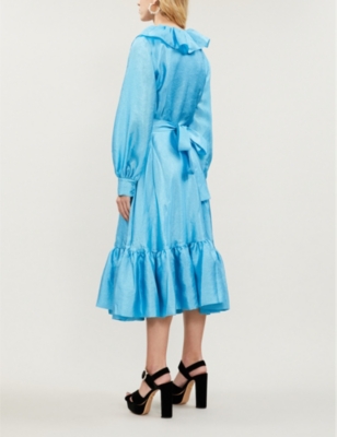 STINE GOYA WINTER SKY BLUE STEFFI RUFFLED-TRIM METALLIC MIDI DRESS