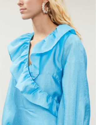 STINE GOYA WINTER SKY BLUE STEFFI RUFFLED-TRIM METALLIC MIDI DRESS